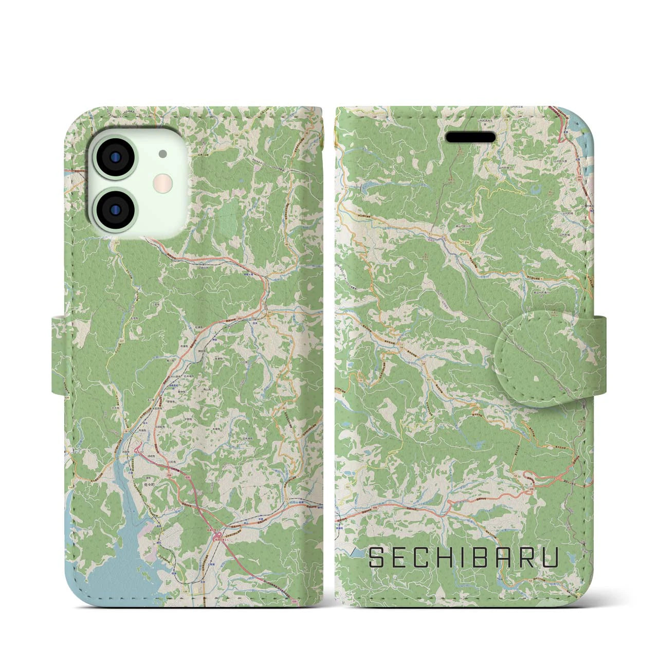 【世知原(長崎県)】地図柄iPhoneケース(手帳タイプ)ナチュラル・iPhone 12 mini 用