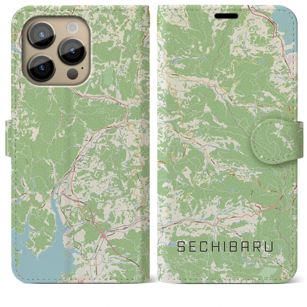 【世知原(長崎県)】地図柄iPhoneケース(手帳タイプ)ナチュラル・iPhone 14 Pro Max 用