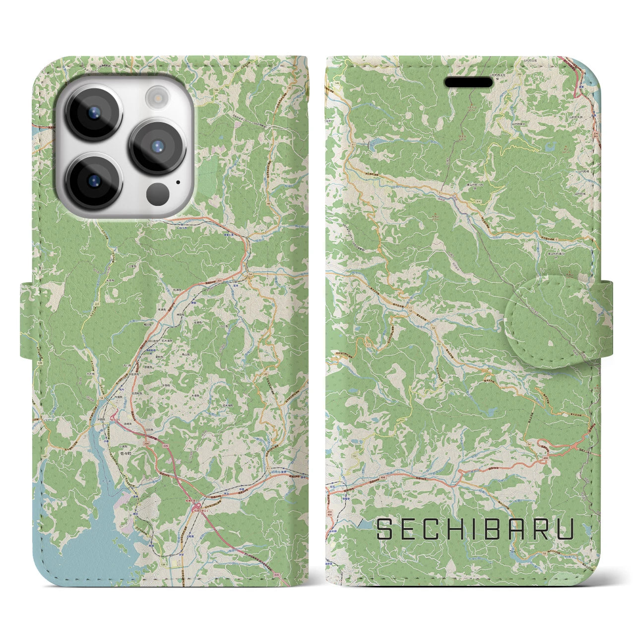 【世知原(長崎県)】地図柄iPhoneケース(手帳タイプ)ナチュラル・iPhone 14 Pro 用