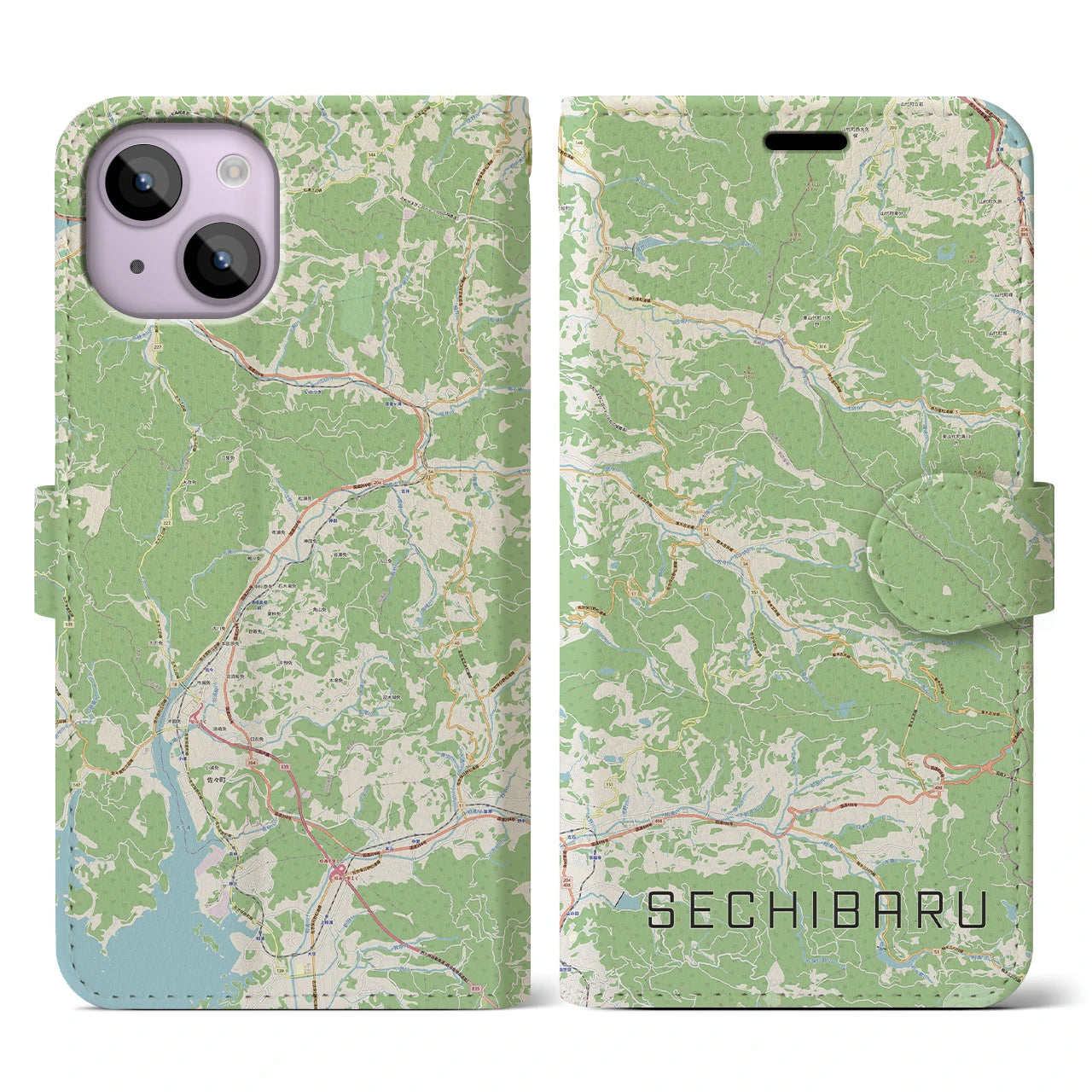 【世知原(長崎県)】地図柄iPhoneケース(手帳タイプ)ナチュラル・iPhone 14 用