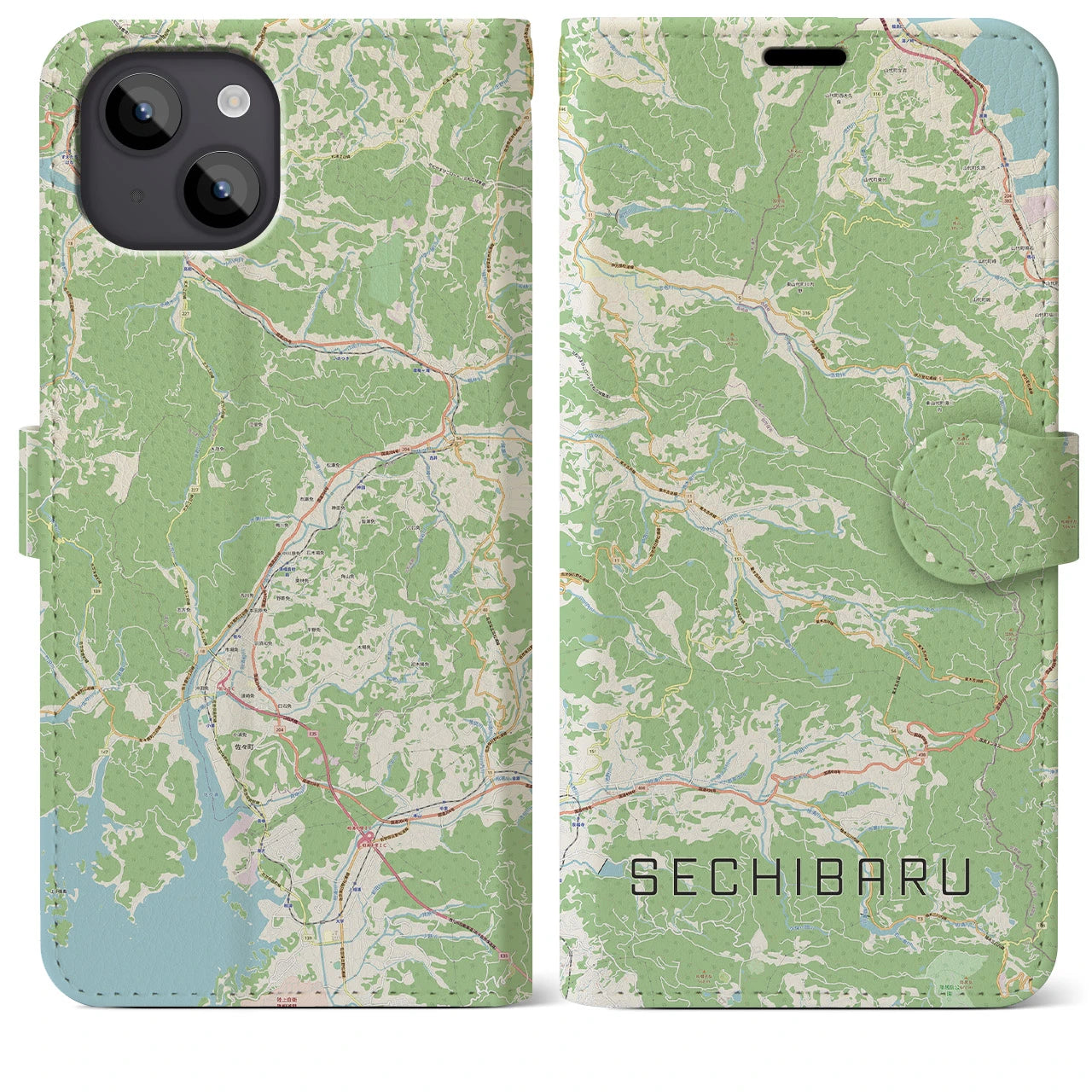 【世知原(長崎県)】地図柄iPhoneケース(手帳タイプ)ナチュラル・iPhone 14 Plus 用