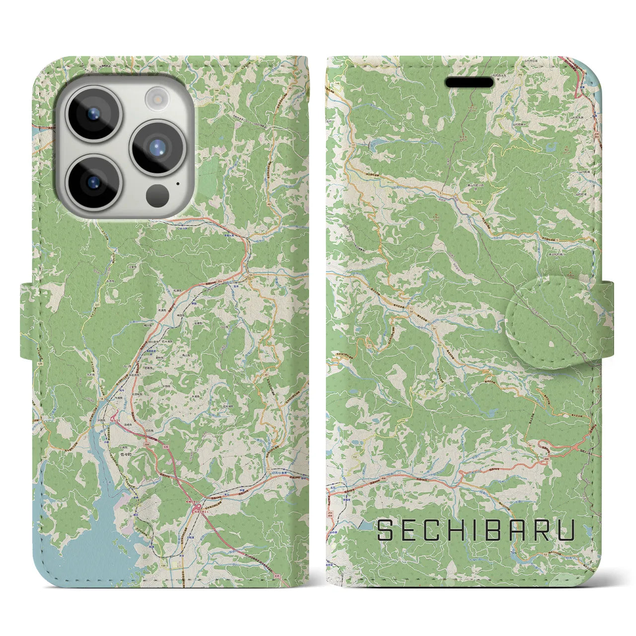 【世知原(長崎県)】地図柄iPhoneケース(手帳タイプ)ナチュラル・iPhone 15 Pro 用