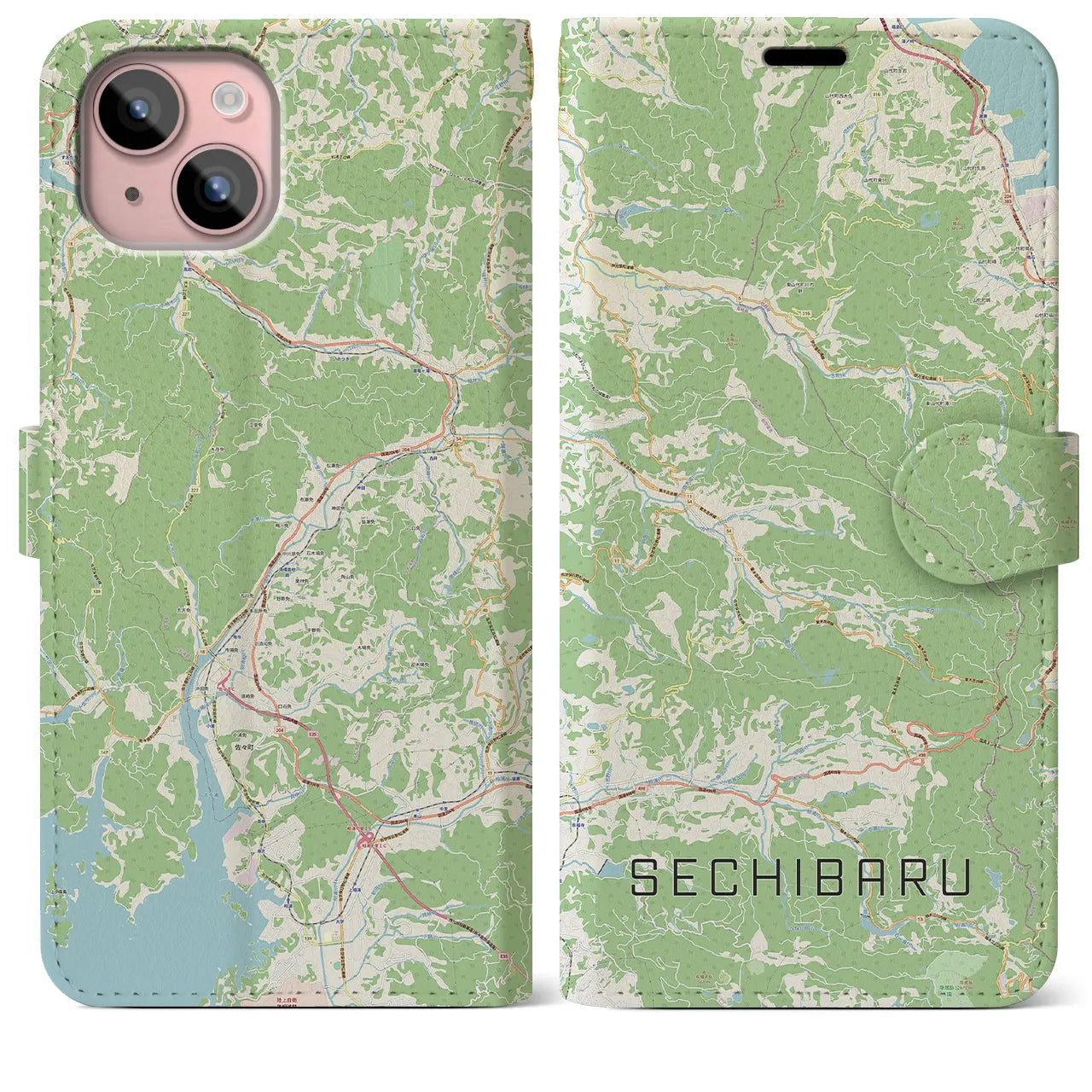 【世知原(長崎県)】地図柄iPhoneケース(手帳タイプ)ナチュラル・iPhone 15 Plus 用