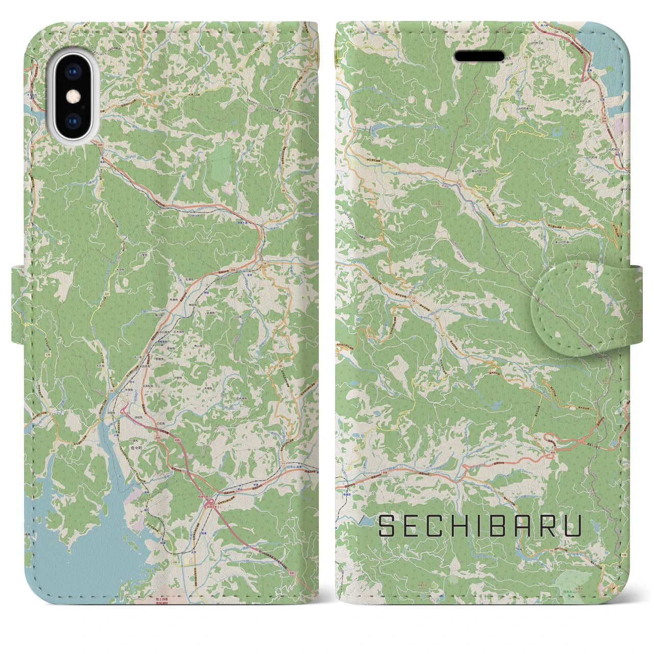 【世知原(長崎県)】地図柄iPhoneケース(手帳タイプ)ナチュラル・iPhone XS Max 用