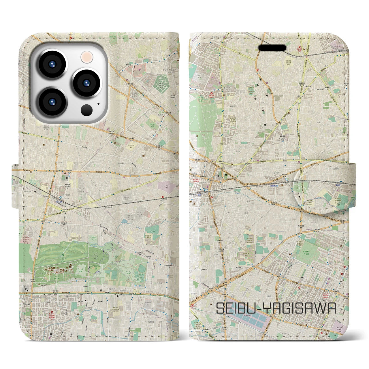 【西武柳沢(東京都)】地図柄iPhoneケース(手帳タイプ)ナチュラル・iPhone 13 Pro 用