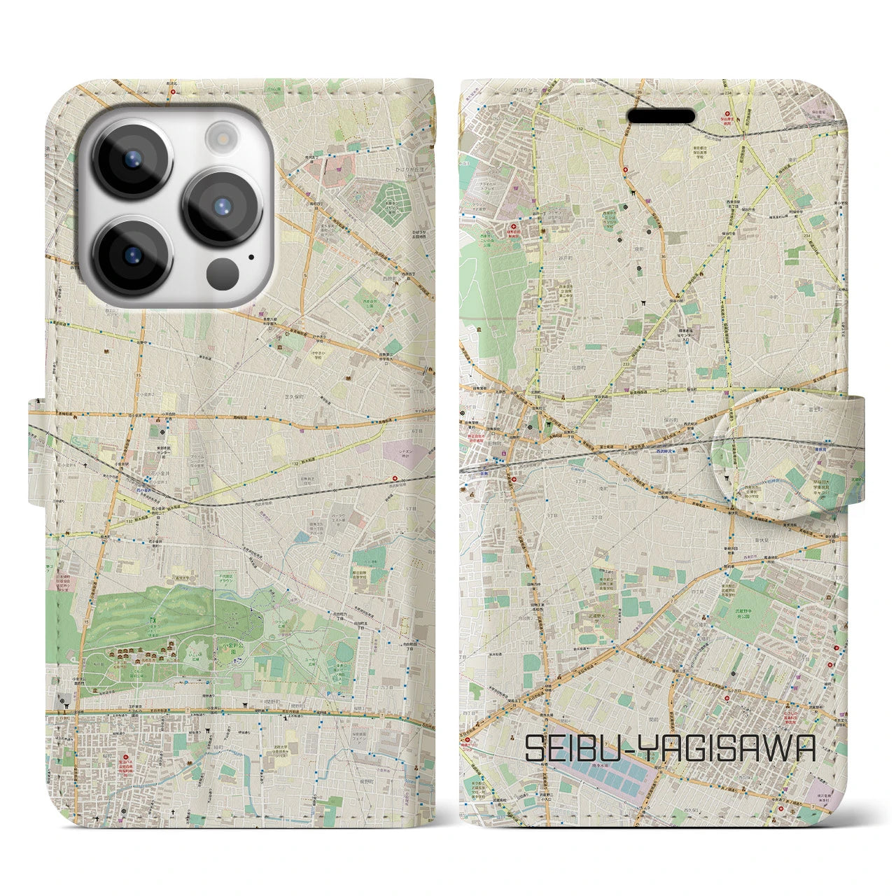 【西武柳沢(東京都)】地図柄iPhoneケース(手帳タイプ)ナチュラル・iPhone 14 Pro 用