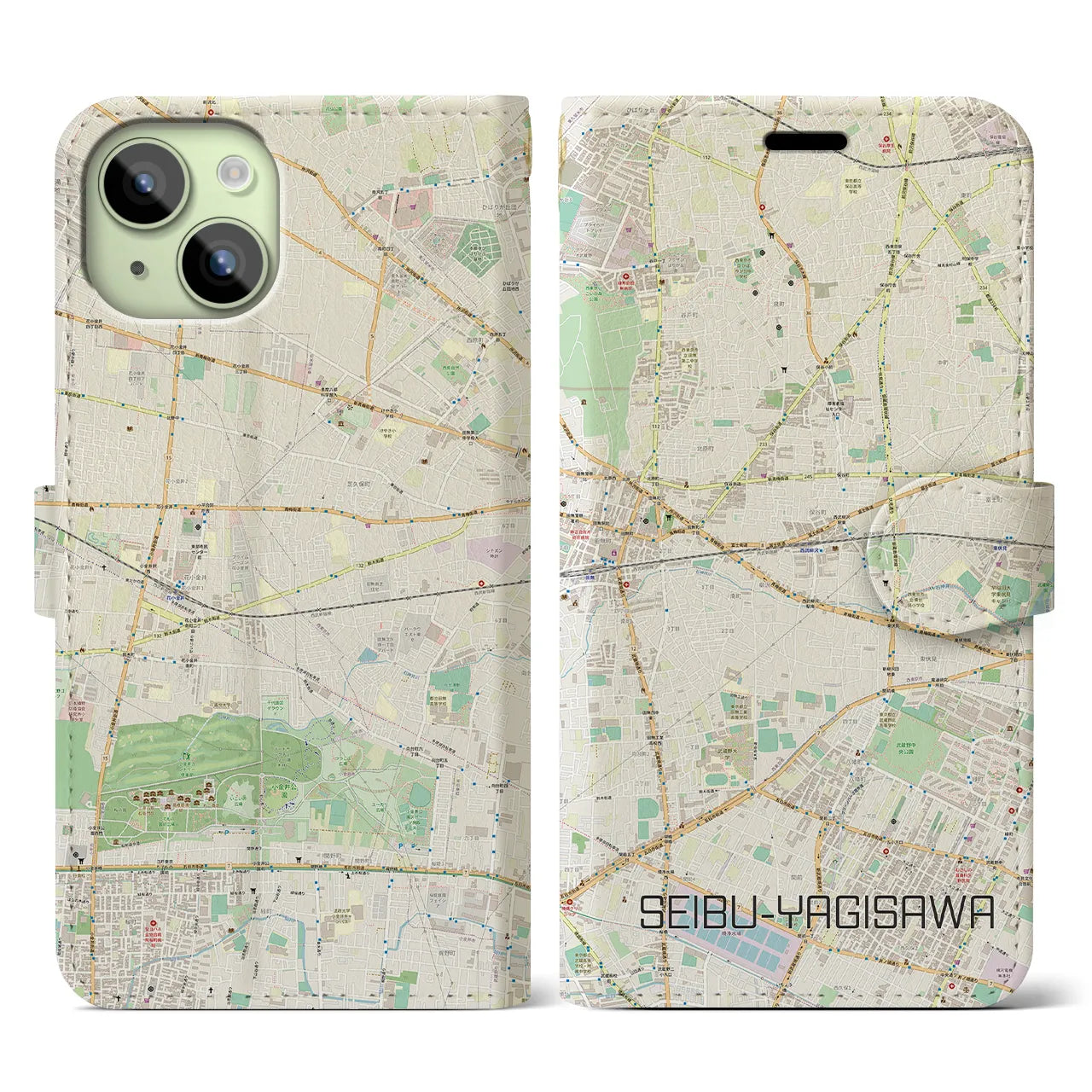【西武柳沢(東京都)】地図柄iPhoneケース(手帳タイプ)ナチュラル・iPhone 15 用