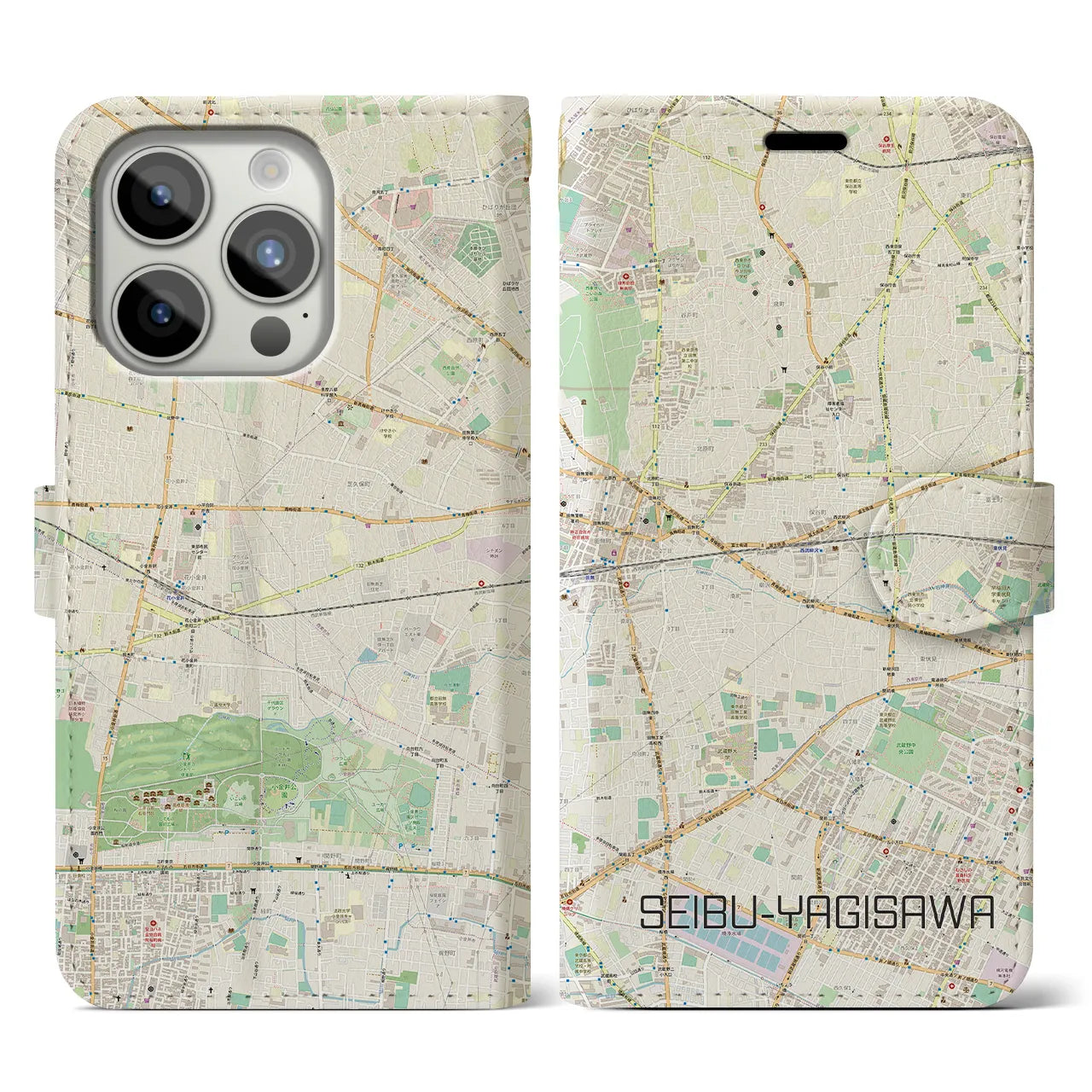 【西武柳沢(東京都)】地図柄iPhoneケース(手帳タイプ)ナチュラル・iPhone 15 Pro 用
