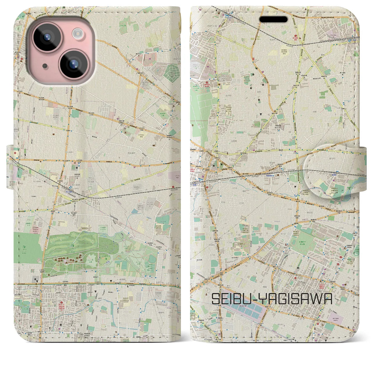 【西武柳沢(東京都)】地図柄iPhoneケース(手帳タイプ)ナチュラル・iPhone 15 Plus 用