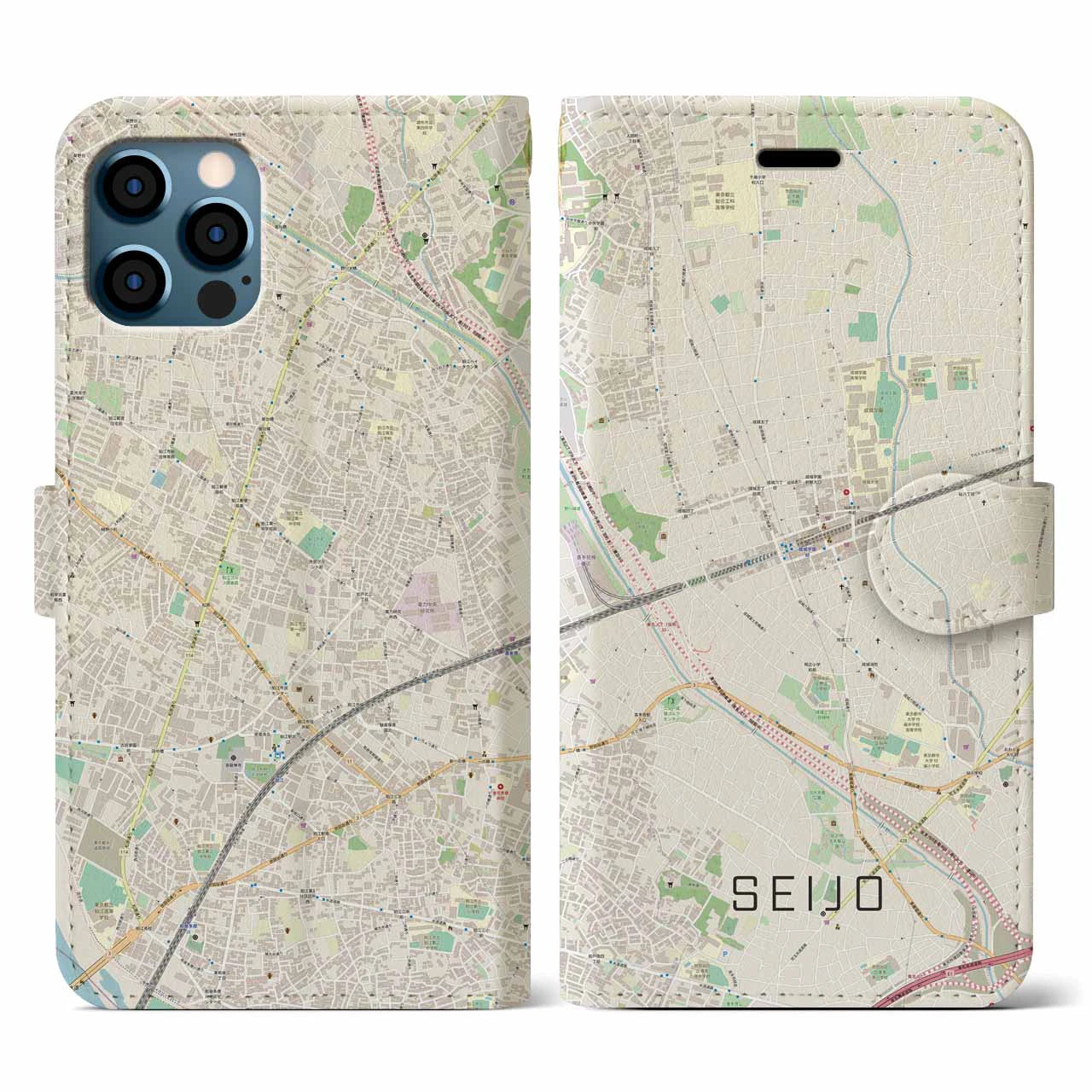 【成城(東京都)】地図柄iPhoneケース(手帳タイプ)ナチュラル・iPhone 12 / 12 Pro 用