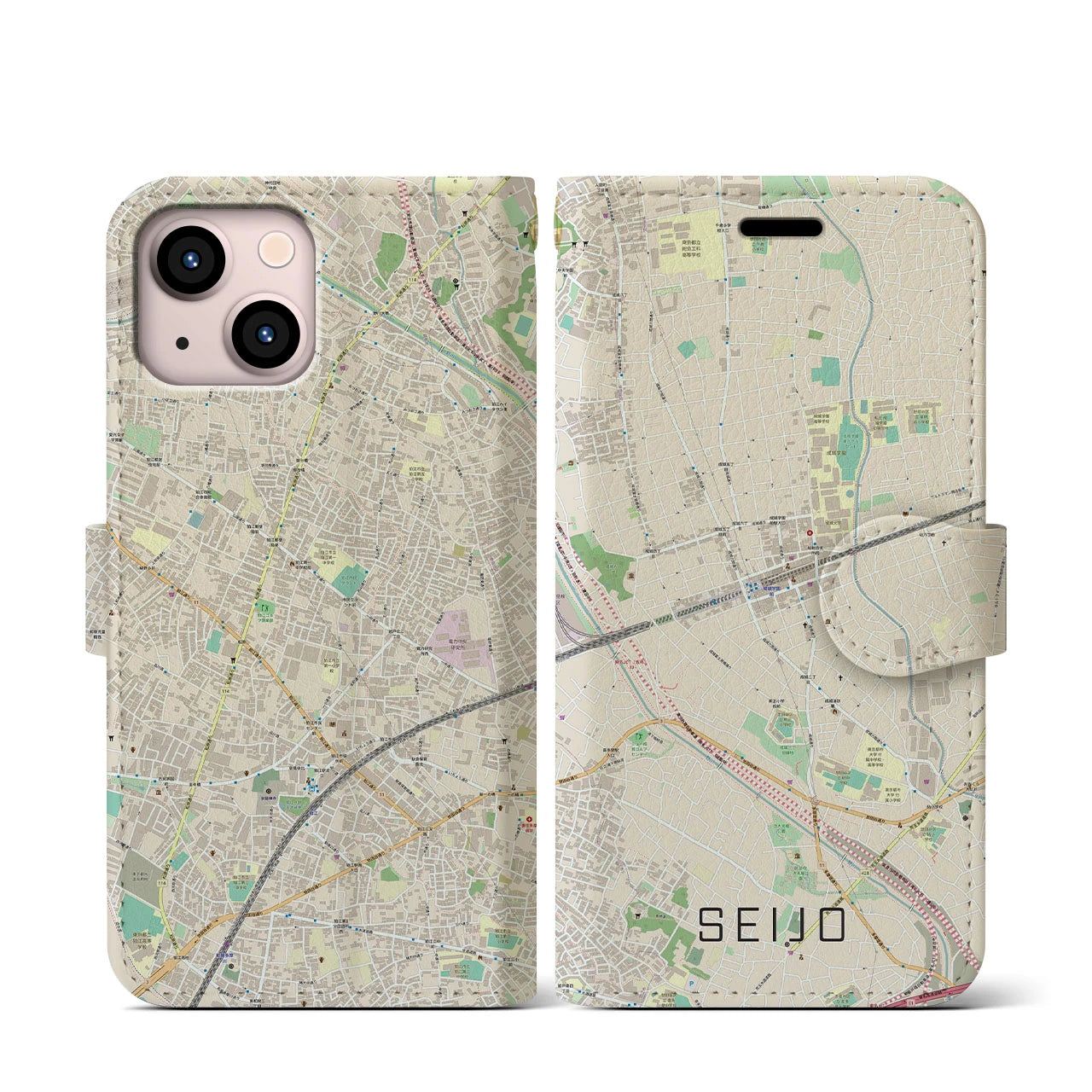 【成城(東京都)】地図柄iPhoneケース(手帳タイプ)ナチュラル・iPhone 13 mini 用