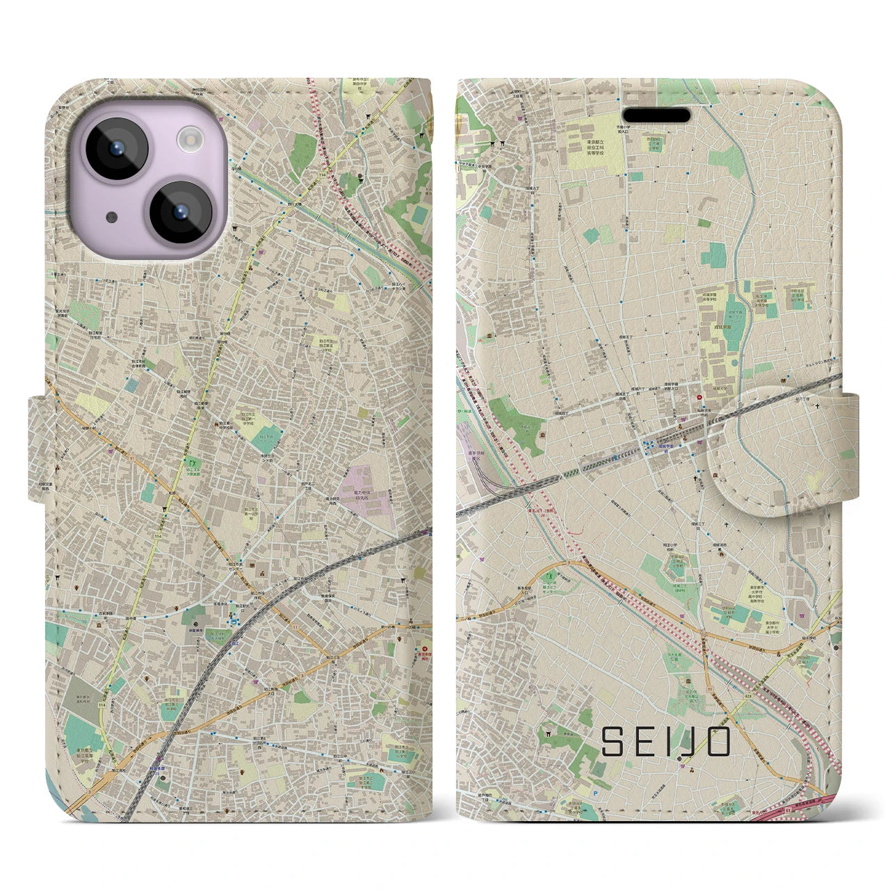 【成城(東京都)】地図柄iPhoneケース(手帳タイプ)ナチュラル・iPhone 14 用