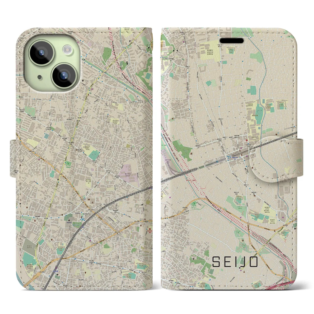 【成城(東京都)】地図柄iPhoneケース(手帳タイプ)ナチュラル・iPhone 15 用