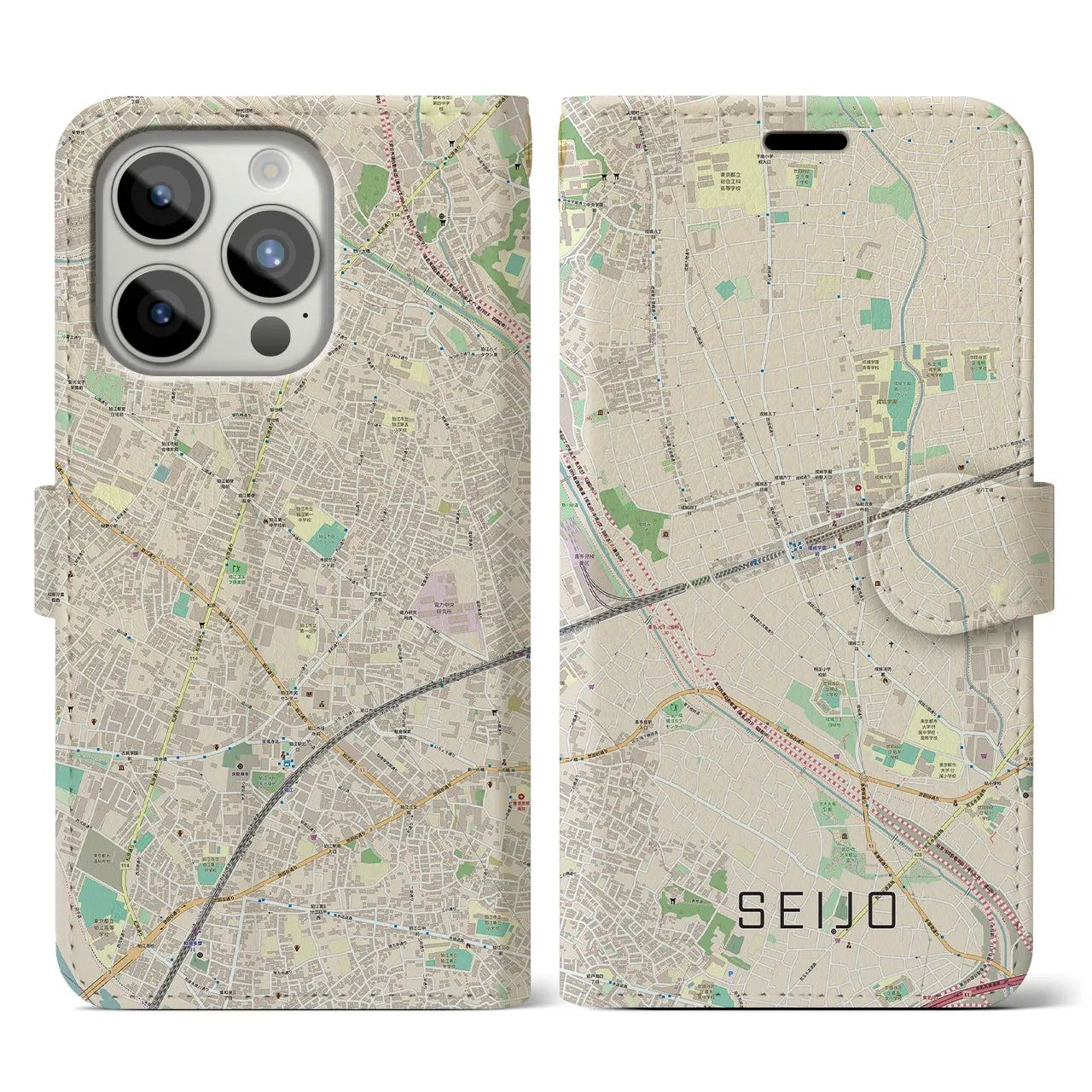 【成城(東京都)】地図柄iPhoneケース(手帳タイプ)ナチュラル・iPhone 15 Pro 用