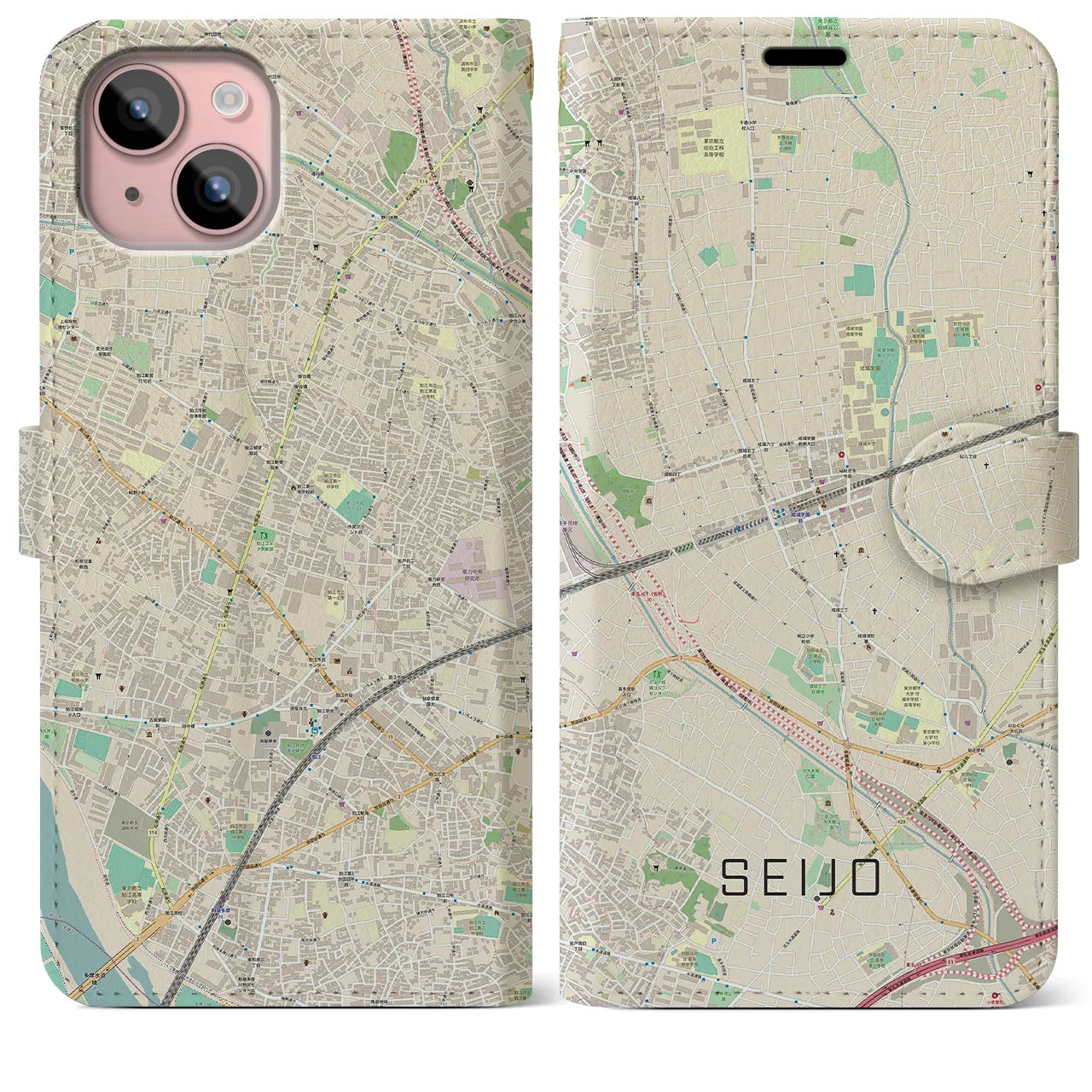 【成城(東京都)】地図柄iPhoneケース(手帳タイプ)ナチュラル・iPhone 15 Plus 用