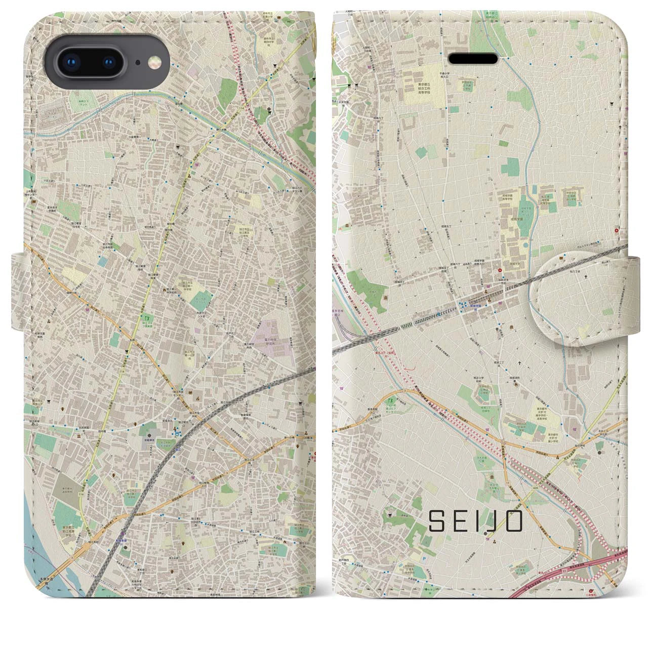 【成城(東京都)】地図柄iPhoneケース(手帳タイプ)ナチュラル・iPhone 8Plus /7Plus / 6sPlus / 6Plus 用