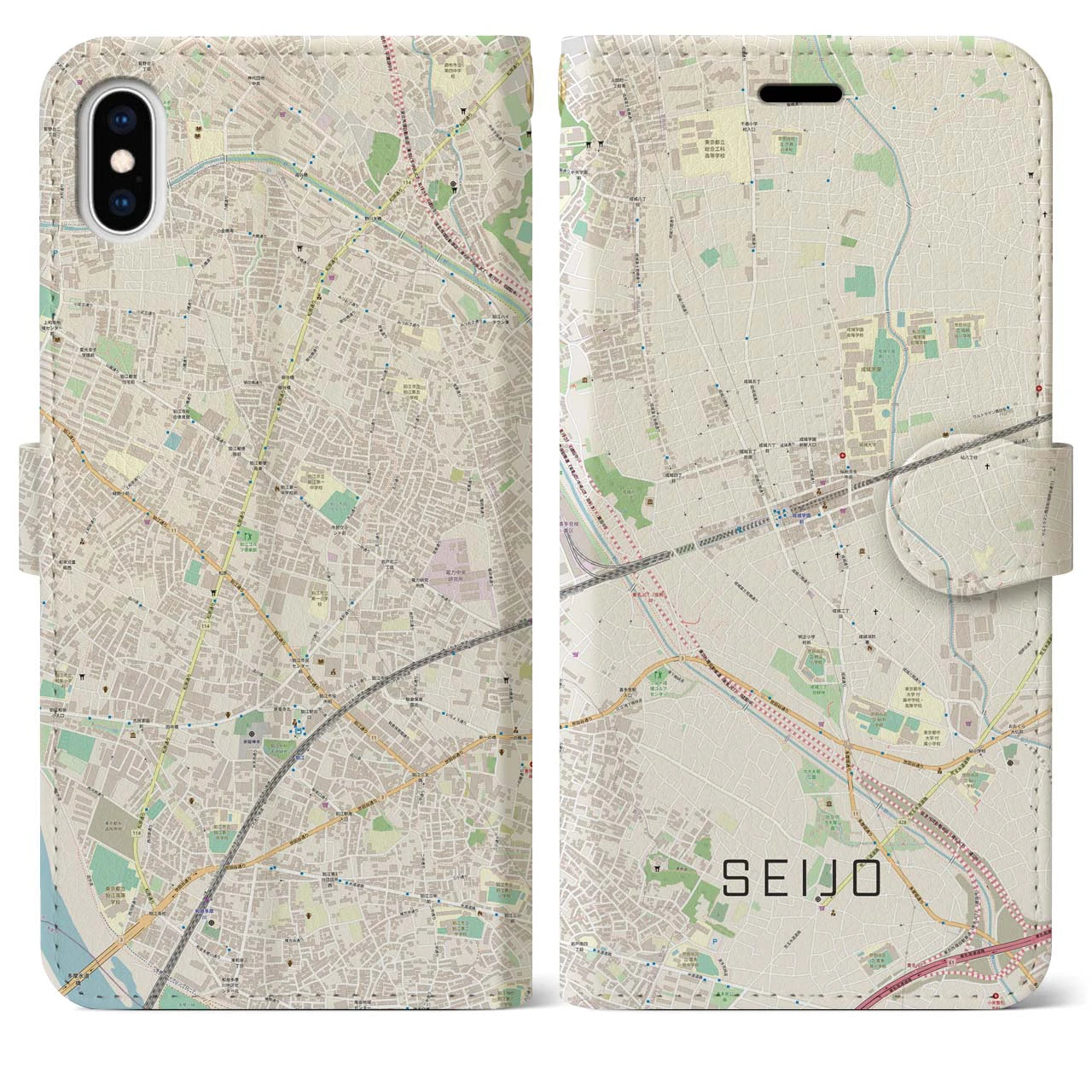 【成城(東京都)】地図柄iPhoneケース(手帳タイプ)ナチュラル・iPhone XS Max 用