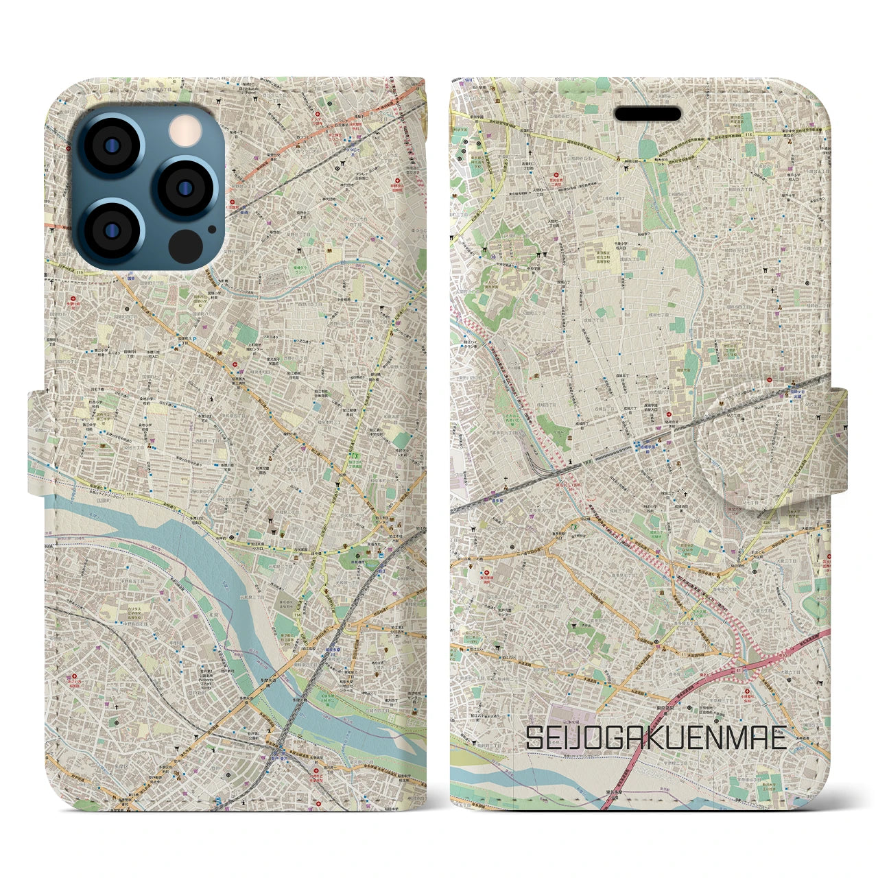 【成城学園前(東京都)】地図柄iPhoneケース(手帳タイプ)ナチュラル・iPhone 12 / 12 Pro 用
