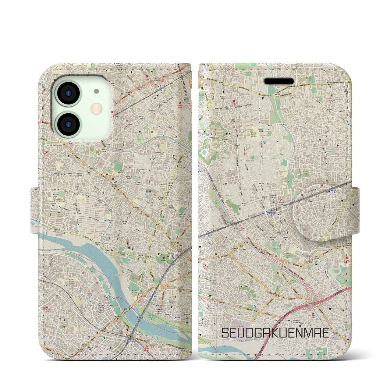 【成城学園前(東京都)】地図柄iPhoneケース(手帳タイプ)ナチュラル・iPhone 12 mini 用