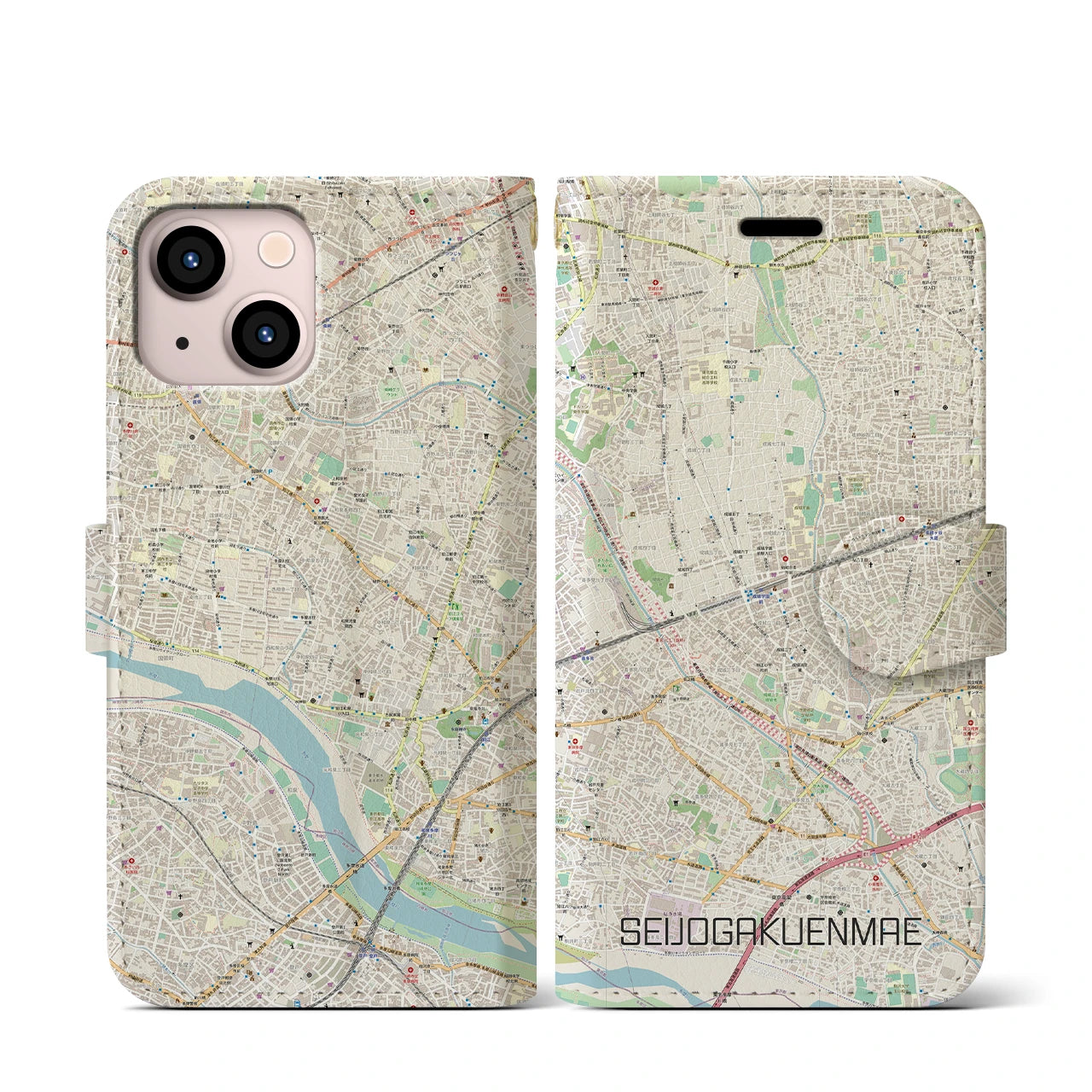 【成城学園前(東京都)】地図柄iPhoneケース(手帳タイプ)ナチュラル・iPhone 13 mini 用