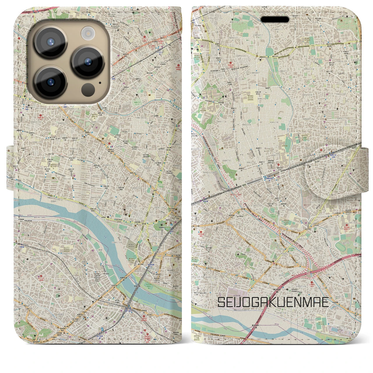 【成城学園前(東京都)】地図柄iPhoneケース(手帳タイプ)ナチュラル・iPhone 14 Pro Max 用