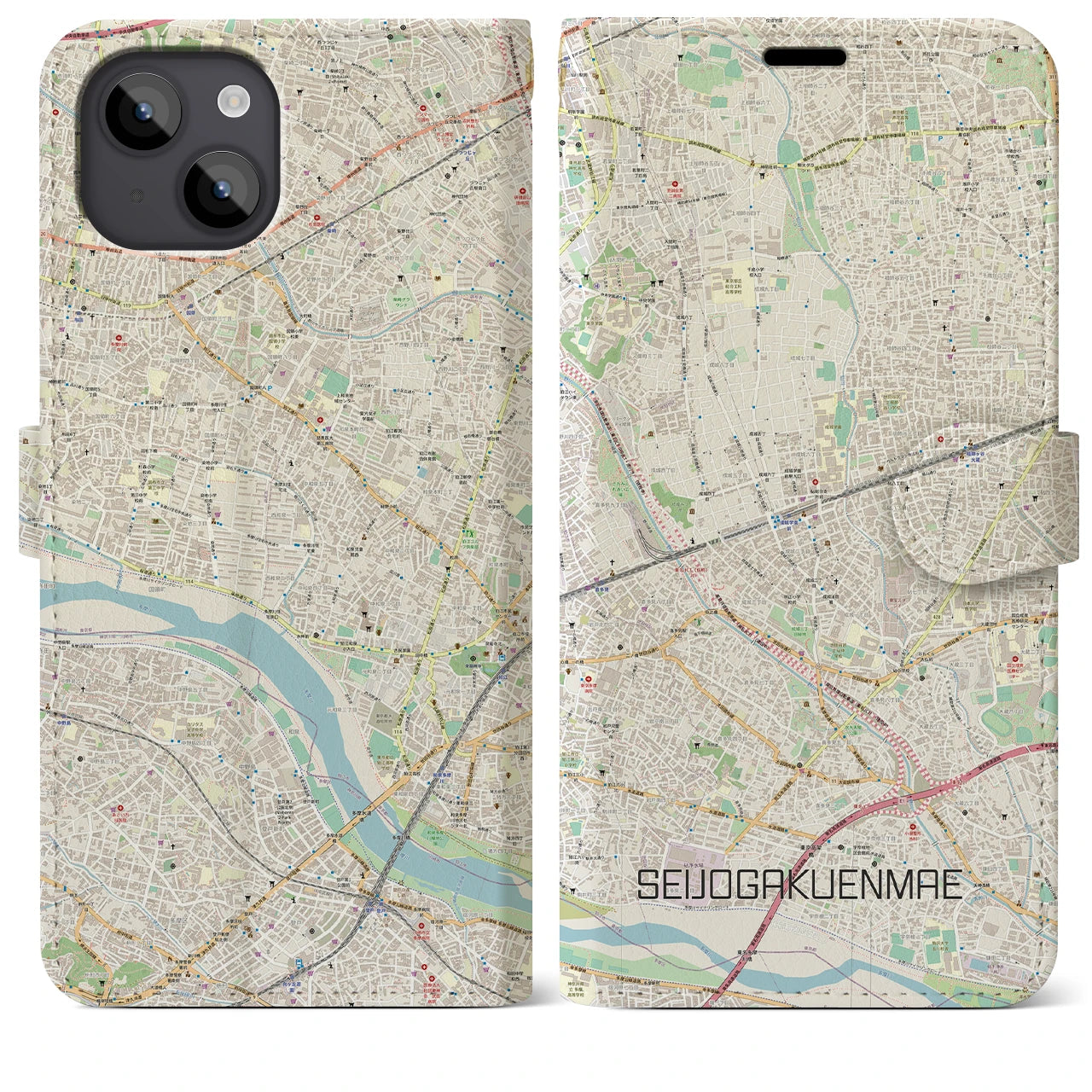 【成城学園前(東京都)】地図柄iPhoneケース(手帳タイプ)ナチュラル・iPhone 14 Plus 用