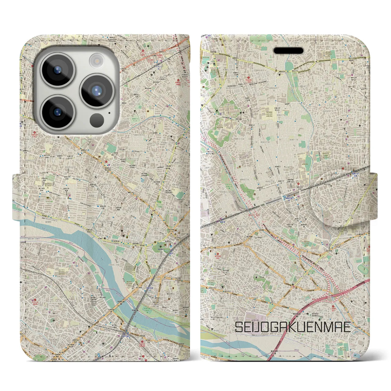 【成城学園前(東京都)】地図柄iPhoneケース(手帳タイプ)ナチュラル・iPhone 15 Pro 用