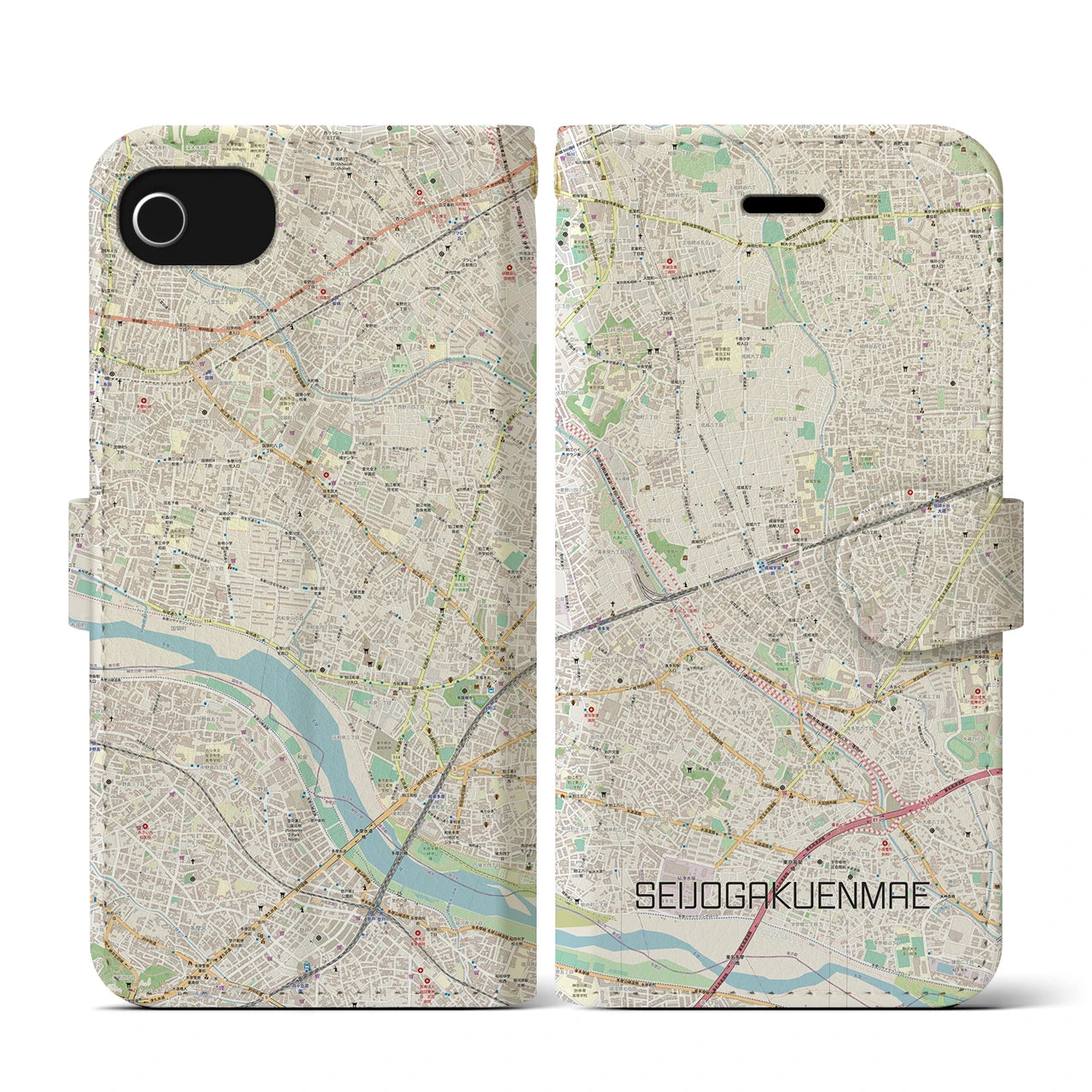 【成城学園前(東京都)】地図柄iPhoneケース(手帳タイプ)ナチュラル・iPhone SE(第3 / 第2世代) / 8 / 7 / 6s / 6 用
