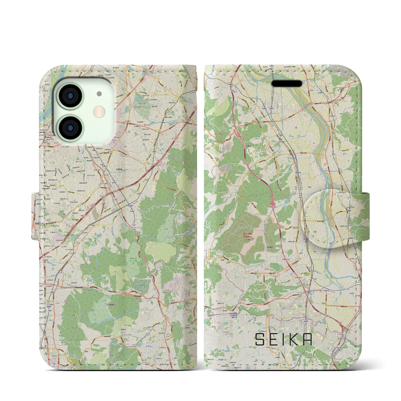 【精華(京都府)】地図柄iPhoneケース(手帳タイプ)ナチュラル・iPhone 12 mini 用