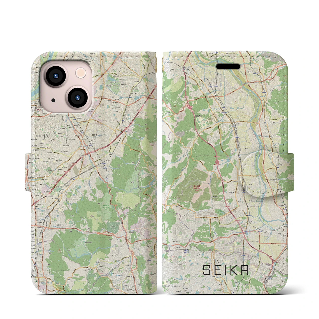 【精華(京都府)】地図柄iPhoneケース(手帳タイプ)ナチュラル・iPhone 13 mini 用