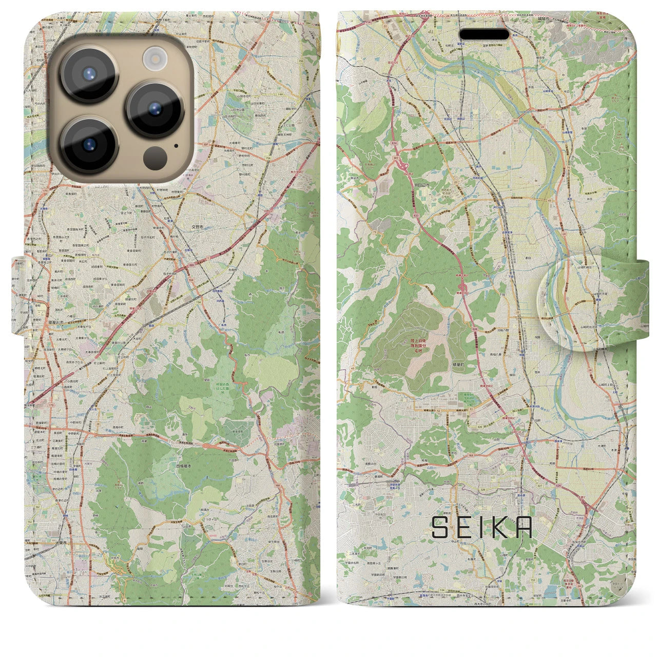 【精華(京都府)】地図柄iPhoneケース(手帳タイプ)ナチュラル・iPhone 14 Pro Max 用
