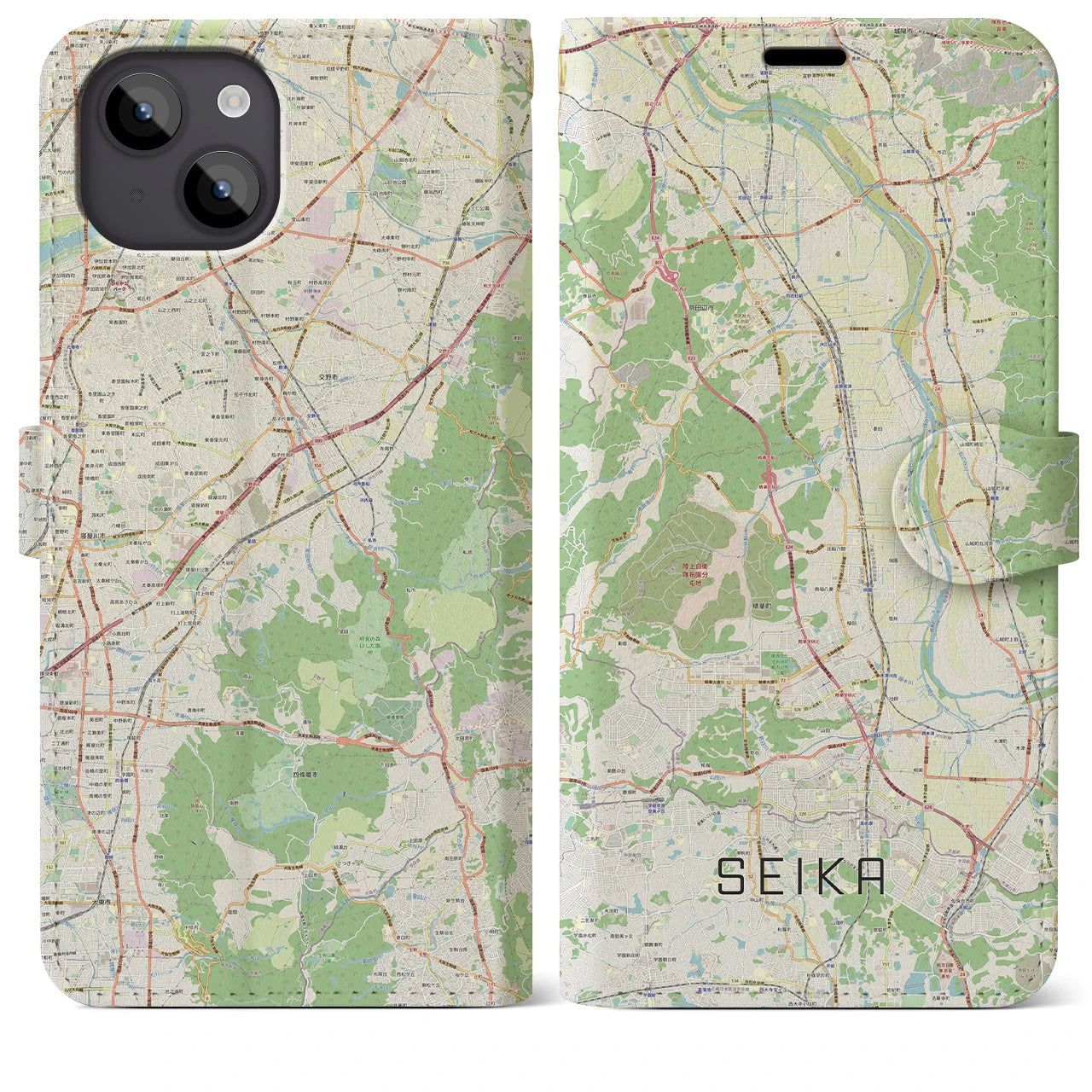 【精華(京都府)】地図柄iPhoneケース(手帳タイプ)ナチュラル・iPhone 14 Plus 用