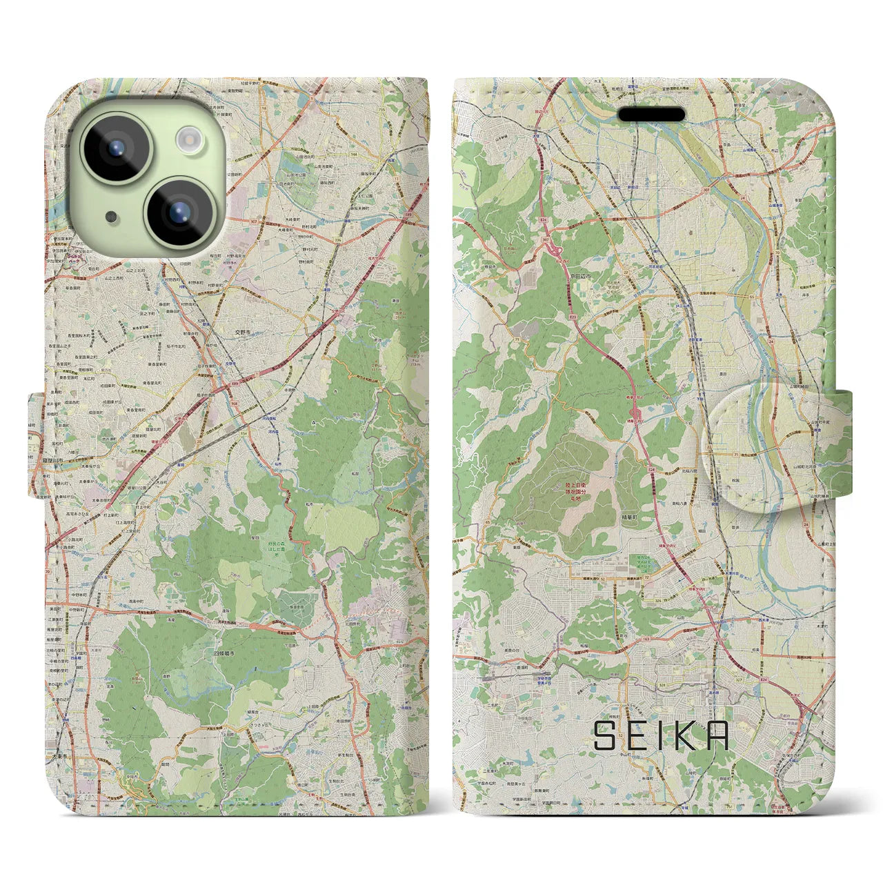 【精華(京都府)】地図柄iPhoneケース(手帳タイプ)ナチュラル・iPhone 15 用