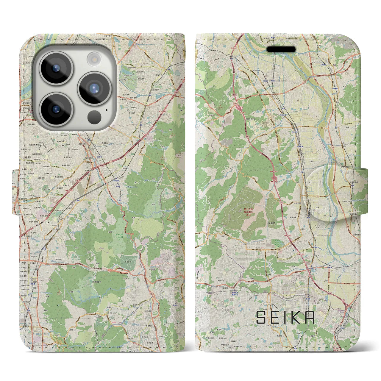 【精華(京都府)】地図柄iPhoneケース(手帳タイプ)ナチュラル・iPhone 15 Pro 用