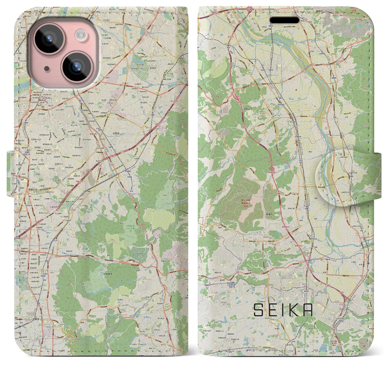 【精華(京都府)】地図柄iPhoneケース(手帳タイプ)ナチュラル・iPhone 15 Plus 用