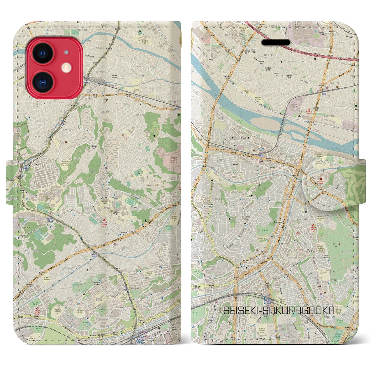 【聖蹟桜ヶ丘(東京都)】地図柄iPhoneケース(手帳タイプ)ナチュラル・iPhone 11 用