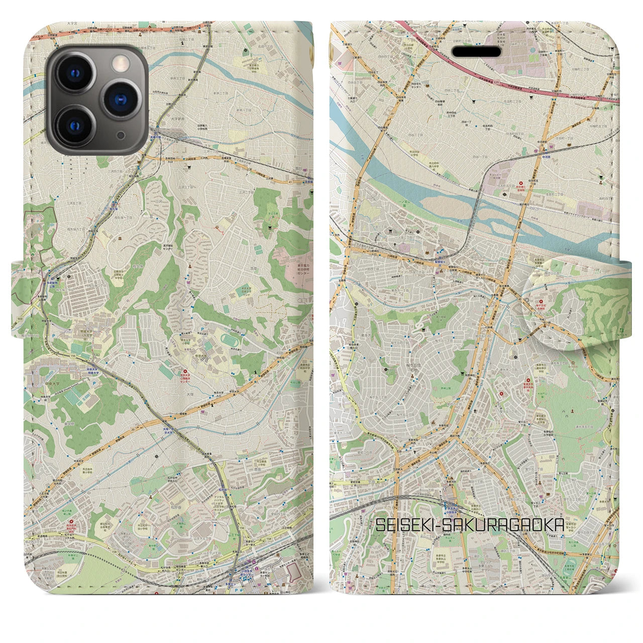 【聖蹟桜ヶ丘(東京都)】地図柄iPhoneケース(手帳タイプ)ナチュラル・iPhone 11 Pro Max 用