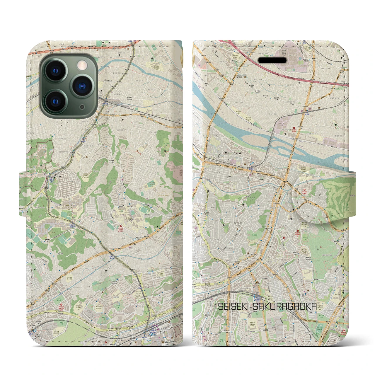 【聖蹟桜ヶ丘(東京都)】地図柄iPhoneケース(手帳タイプ)ナチュラル・iPhone 11 Pro 用