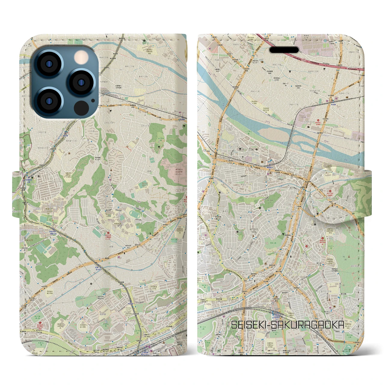 【聖蹟桜ヶ丘(東京都)】地図柄iPhoneケース(手帳タイプ)ナチュラル・iPhone 12 / 12 Pro 用
