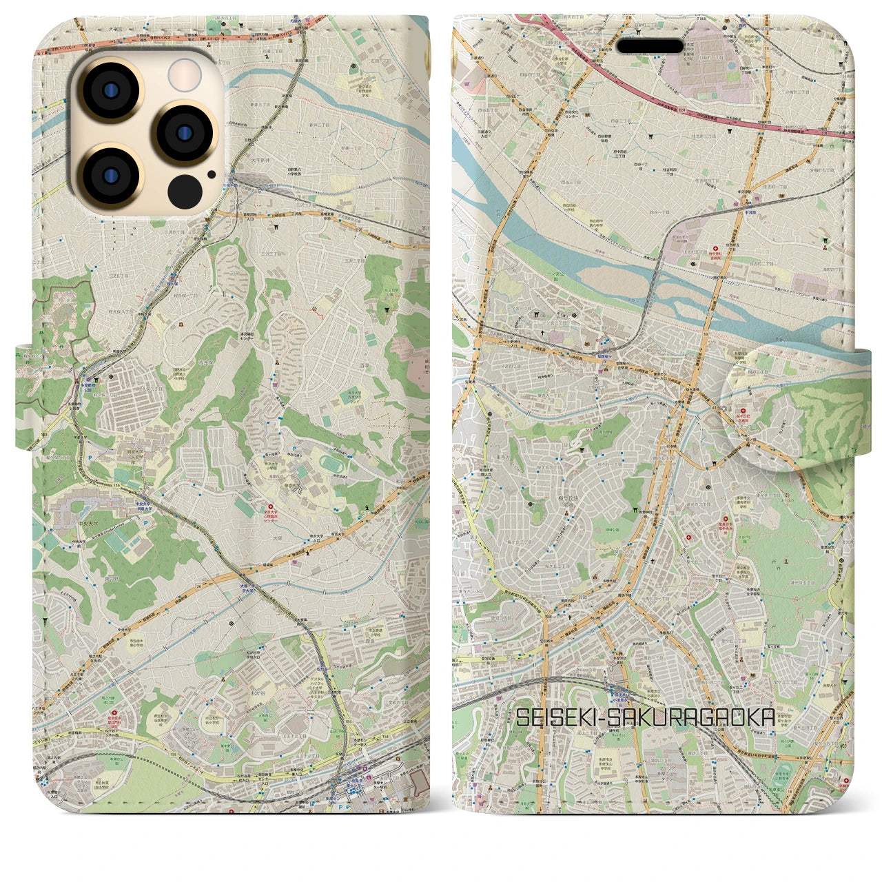 【聖蹟桜ヶ丘(東京都)】地図柄iPhoneケース(手帳タイプ)ナチュラル・iPhone 12 Pro Max 用