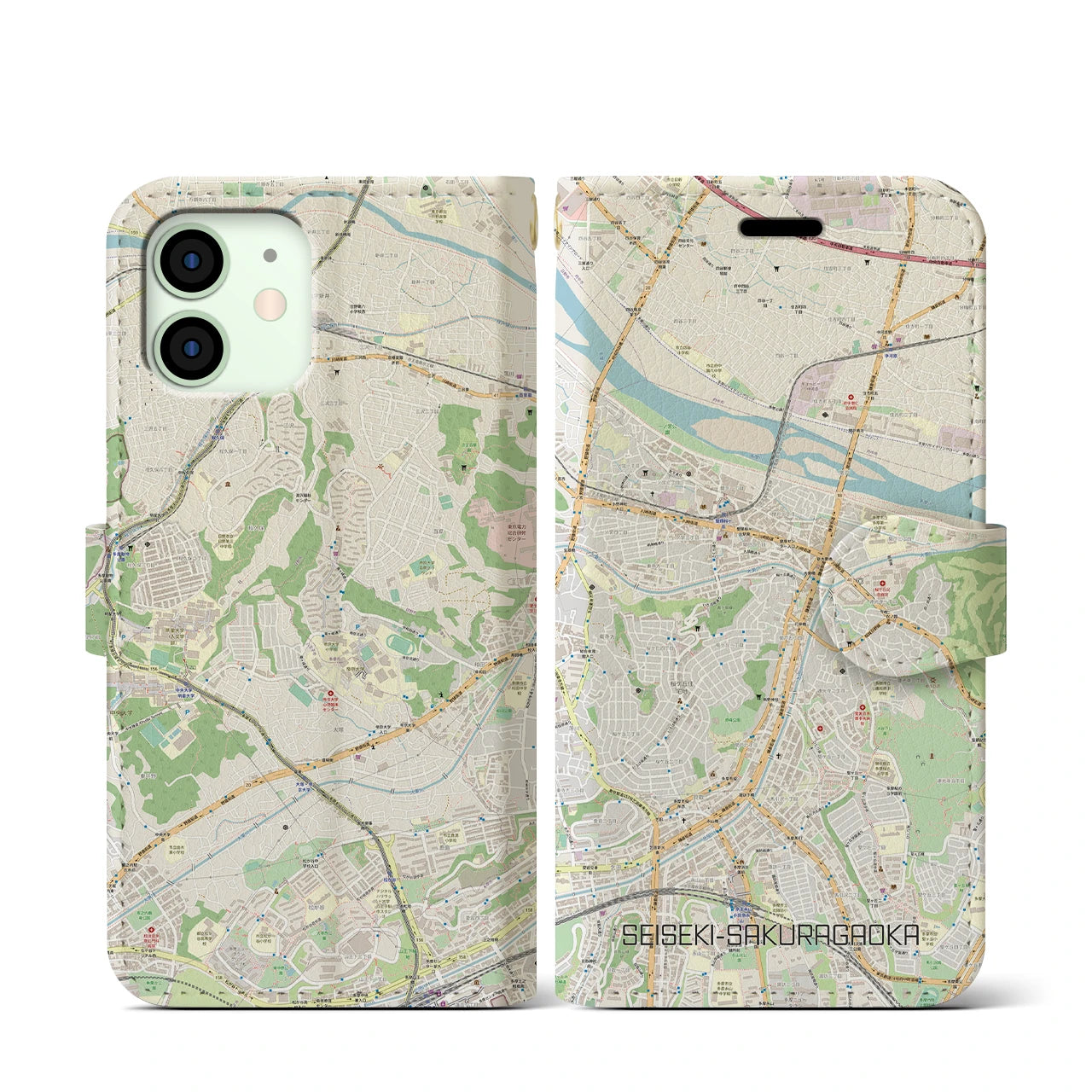 【聖蹟桜ヶ丘(東京都)】地図柄iPhoneケース(手帳タイプ)ナチュラル・iPhone 12 mini 用