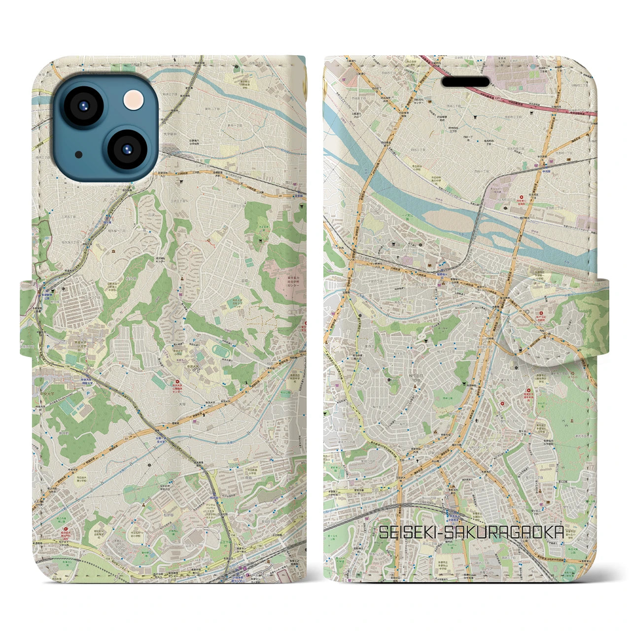 【聖蹟桜ヶ丘(東京都)】地図柄iPhoneケース(手帳タイプ)ナチュラル・iPhone 13 用