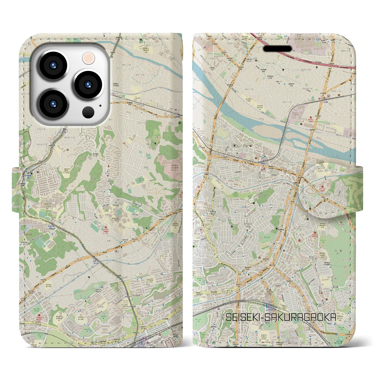 【聖蹟桜ヶ丘(東京都)】地図柄iPhoneケース(手帳タイプ)ナチュラル・iPhone 13 Pro 用