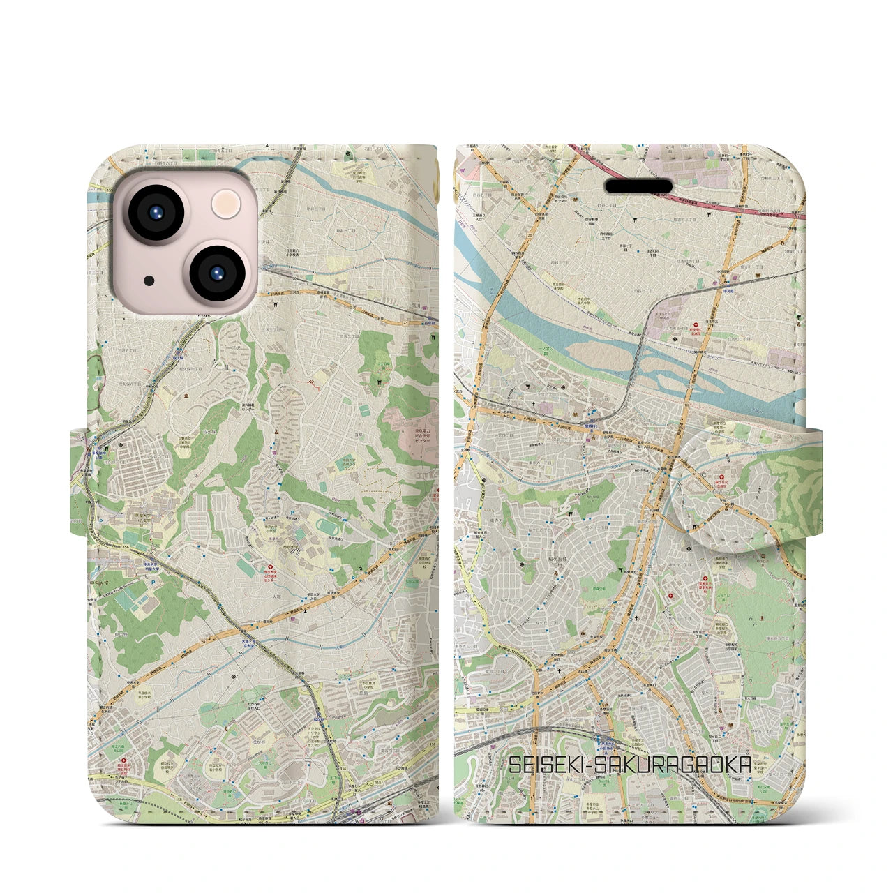 【聖蹟桜ヶ丘(東京都)】地図柄iPhoneケース(手帳タイプ)ナチュラル・iPhone 13 mini 用