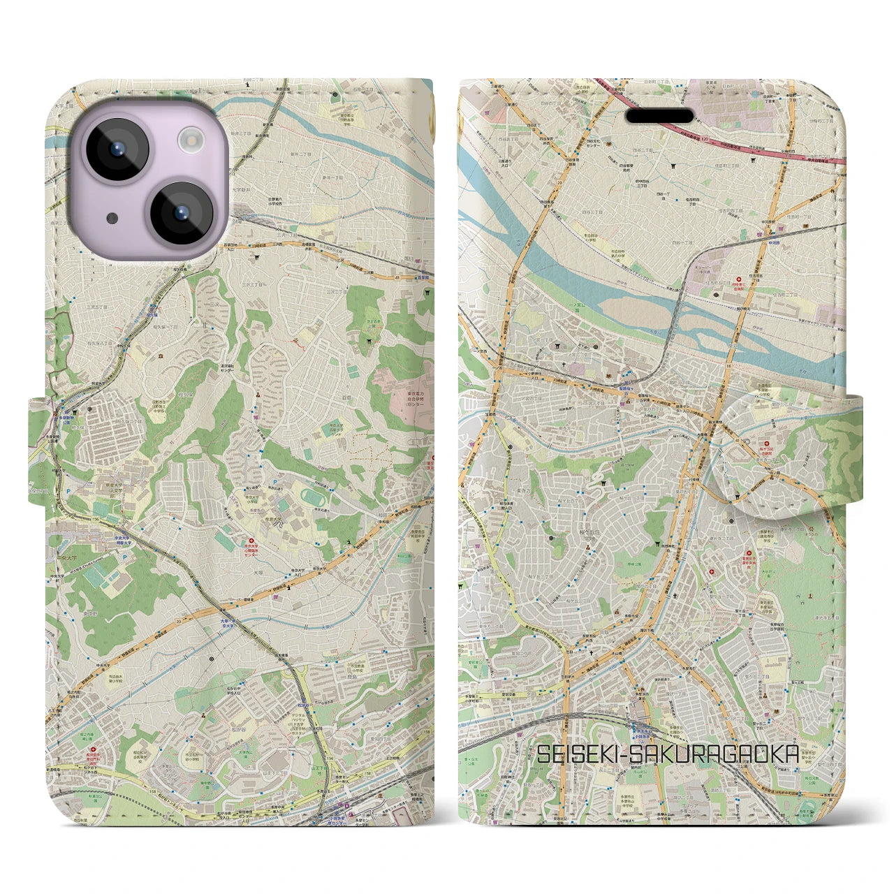 【聖蹟桜ヶ丘(東京都)】地図柄iPhoneケース(手帳タイプ)ナチュラル・iPhone 14 用