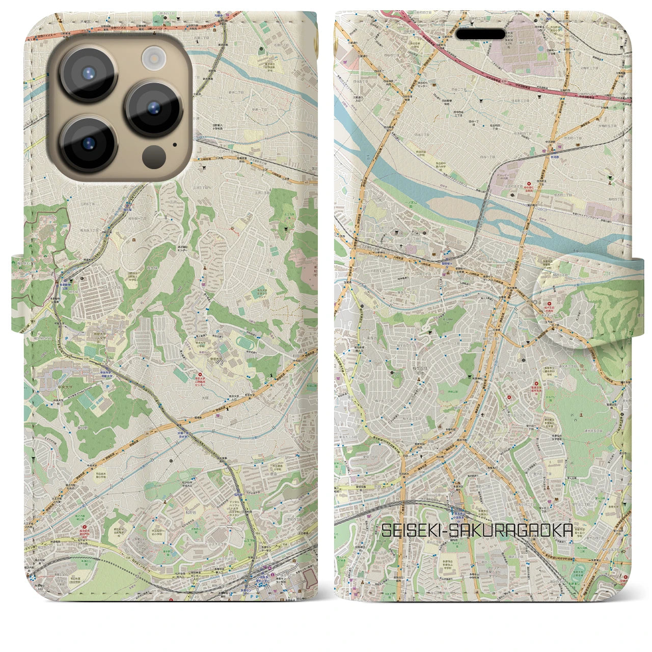 【聖蹟桜ヶ丘(東京都)】地図柄iPhoneケース(手帳タイプ)ナチュラル・iPhone 14 Pro Max 用