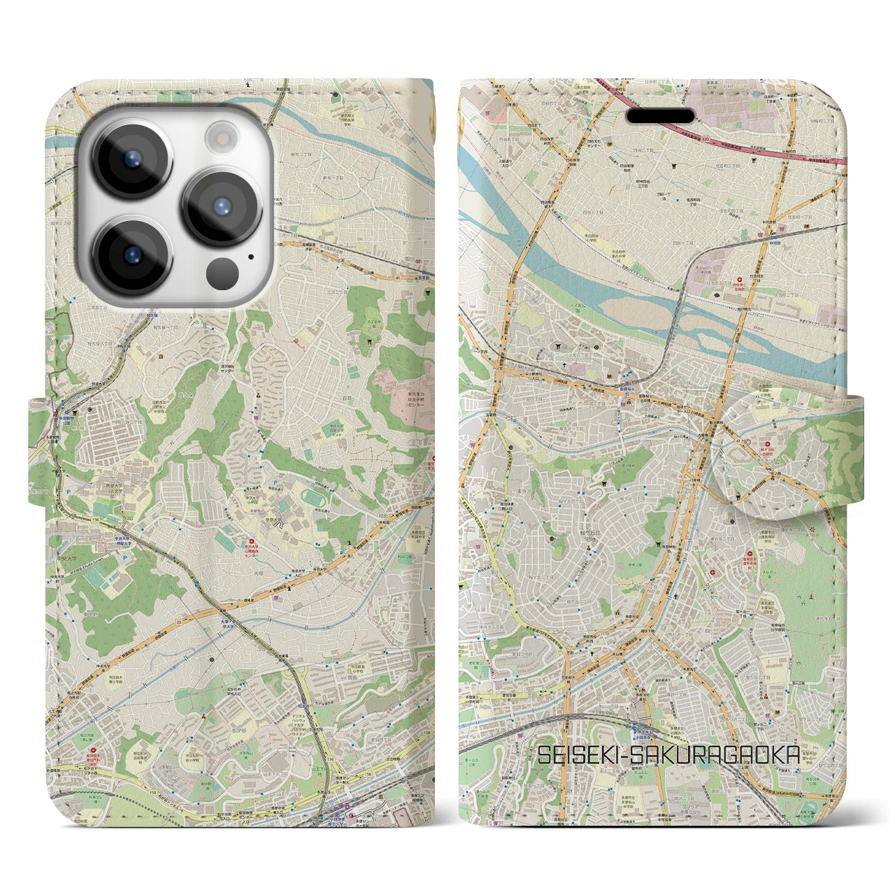【聖蹟桜ヶ丘(東京都)】地図柄iPhoneケース(手帳タイプ)ナチュラル・iPhone 14 Pro 用