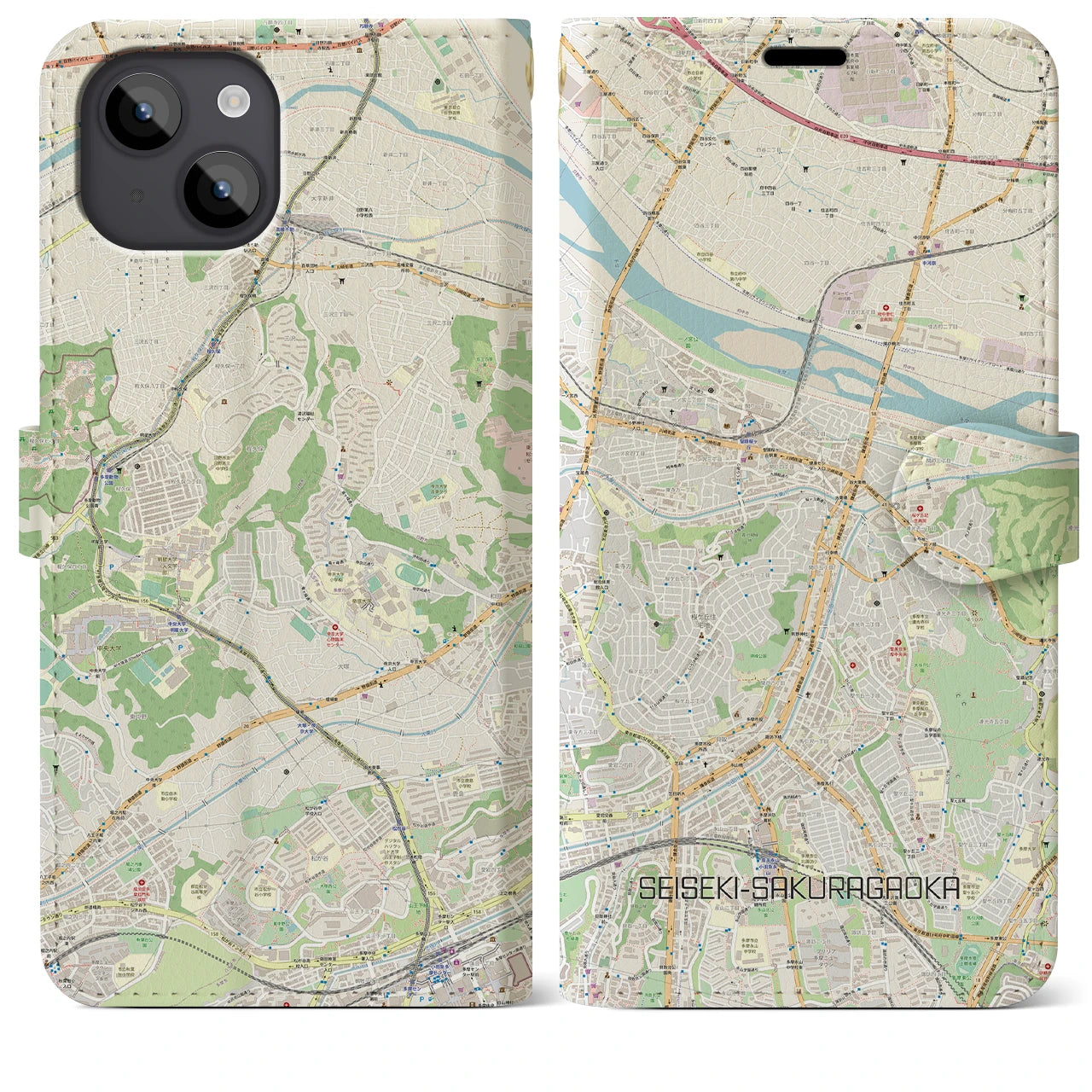 【聖蹟桜ヶ丘(東京都)】地図柄iPhoneケース(手帳タイプ)ナチュラル・iPhone 14 Plus 用