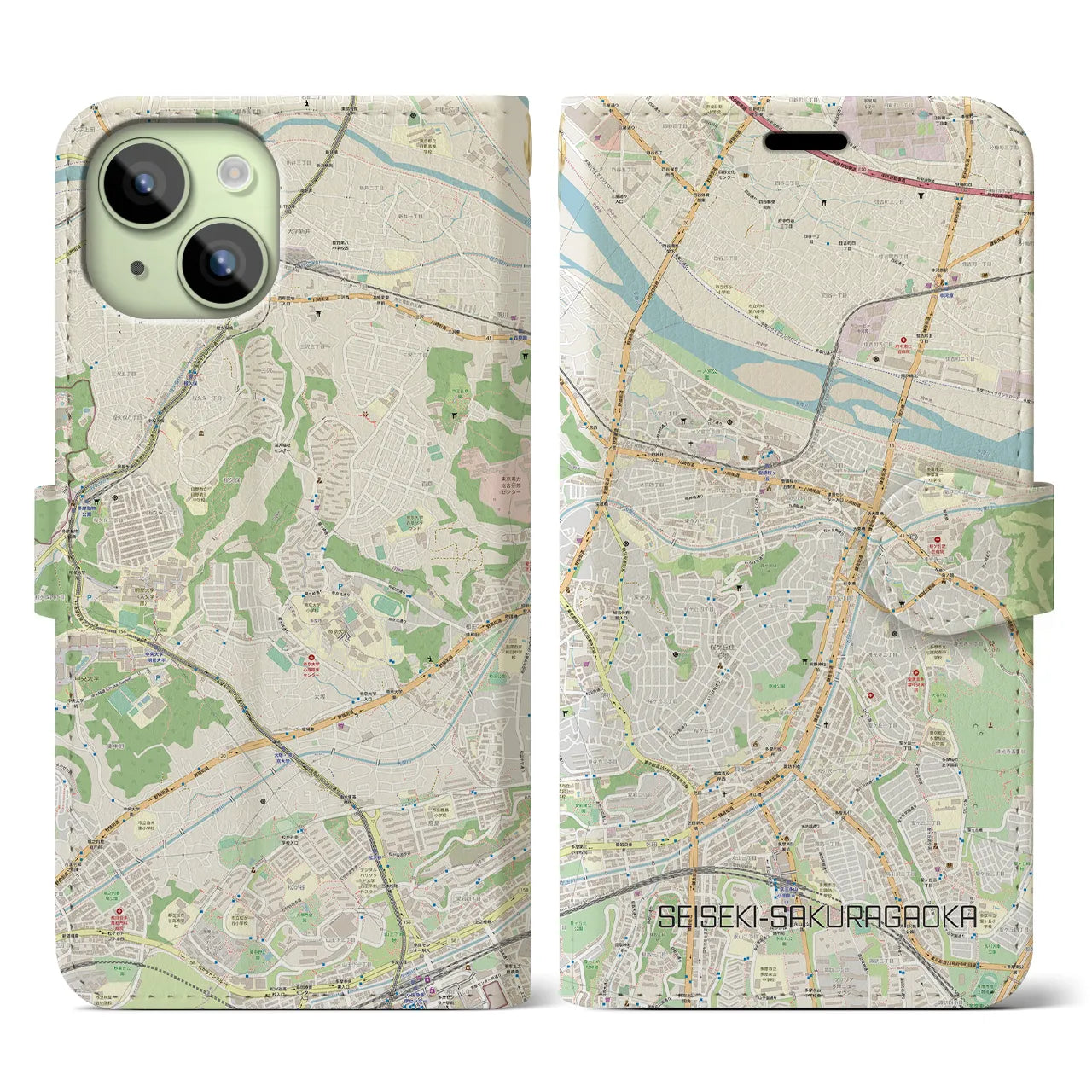 【聖蹟桜ヶ丘(東京都)】地図柄iPhoneケース(手帳タイプ)ナチュラル・iPhone 15 用