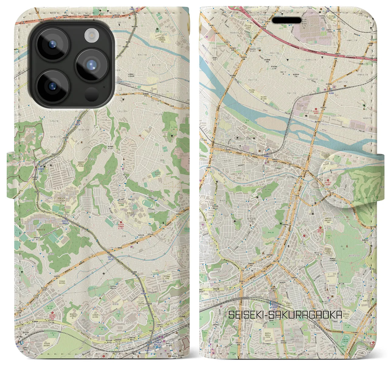 【聖蹟桜ヶ丘(東京都)】地図柄iPhoneケース(手帳タイプ)ナチュラル・iPhone 15 Pro Max 用